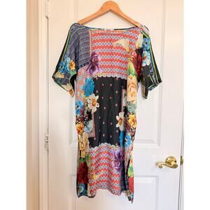 Johnny Was 100% Silk Mabel Side Slit Tunic Kaftan Dress Medium Patchwork Boho